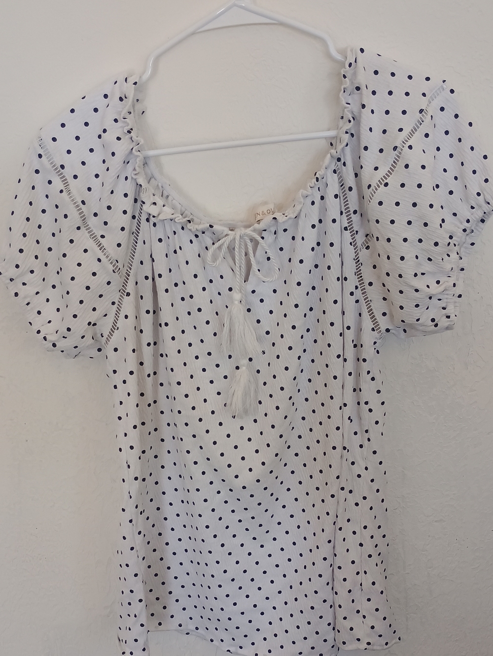 Eden & Olivia White Peasant Top with Navy Polka Dots